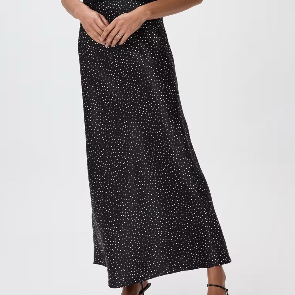 Quince Black Satin Maxi Skirt with White Dots NWT